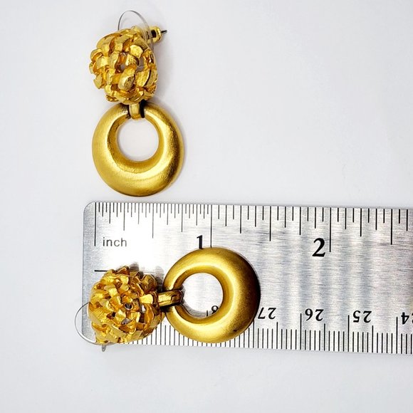 Vintage Unsigned Anne Klein Gold-Tone Basket Weave Hoop Drop Earrings, Pierced - Picture 2 of 8